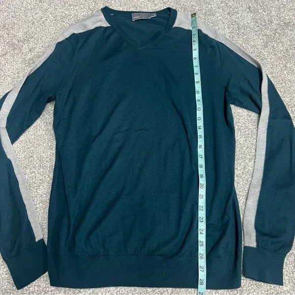 VINCE Sweater Men's Large Teal Gray V-Neck Knit Wool Striped Soft Pullover - Picture 2 of 8